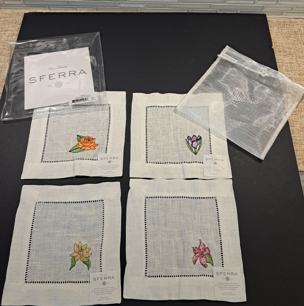 SFERRA Embroidered Cocktail Napkins Fioritura Set of 4 6x6 NEW
